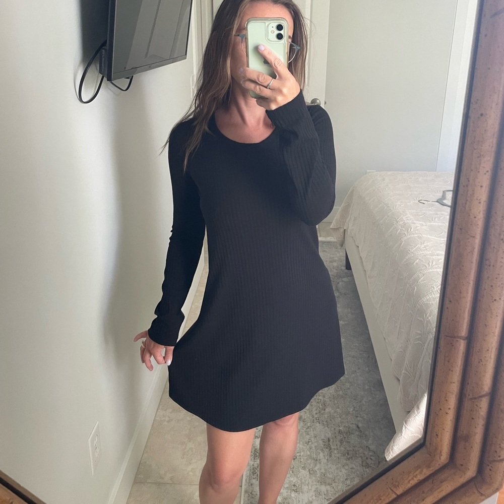 Pink Rose Black Ribbed Long Sleeve Mini Dress - Picture 5 of 5